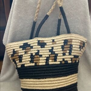 Woven Straw Tote Bag in Natural, Black & Brown Pattern